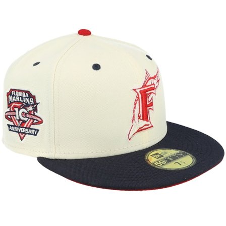 New Era - MLB Vit fitted Keps - Miami Marlins Scarlet Swirl 59FIFTY 10th Chrome/Navy Fitted @ Hatstore