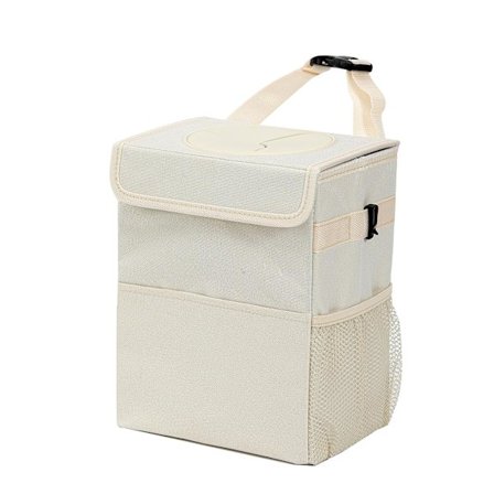 Beige Bil soptunna 20x15x25 cm med lock Läckagesäker Bil Papperskorg 3 Förvaringsfickor Hängande Vattentät bil sopsäck för SUV