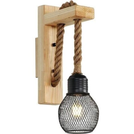 Vintage vegglampe i massivt tre, industriell retrostil, hamperep, rustikk vegglampe, innendørsbelysning, metallskjerm, E27, rødbrun