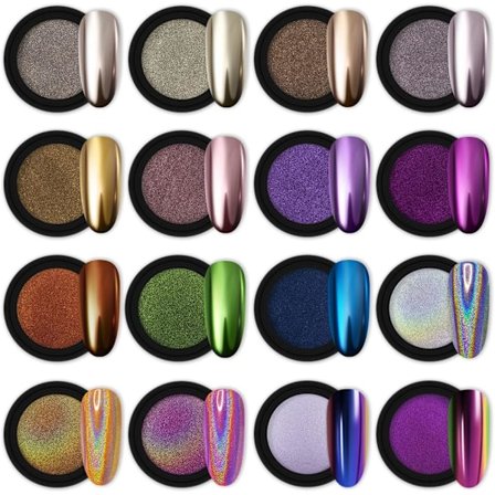 16 krukker krom neglepulver neglekunst glitter dekoration metallisk spejleffekt holografisk aurora kamæleon pigmentpulver 1g/krukke perle