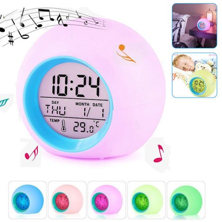 7 Värinvaihtavaa lasten herätyskello LED-valoilla ja 6 luonnonäänellä