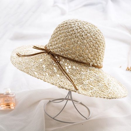 Vikbar Solhatt Dam Anti-UV, Dam Halm Panama Bred Brätte, Mode Strand Båge Dekoration