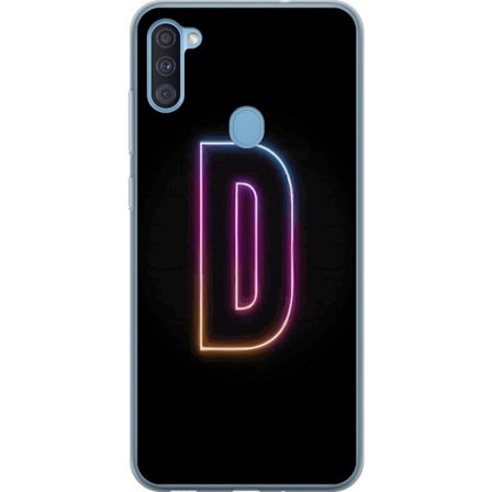 Kompatibel Mobilcover til Samsung Samsung Galaxy A11 Minimalistisk neonbogstav D i farveskiftende lys mod sort baggrund i moderne digital design
