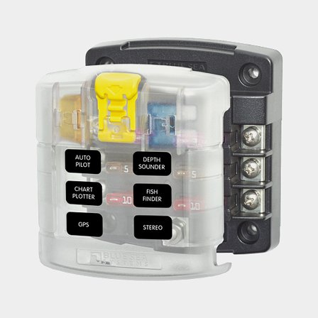 Portafusibles Blue Sea Systems ST Blade Fuse Block, para 6 Fusibles de espiga plan, M4 + M5, 32 V DC, 100 A