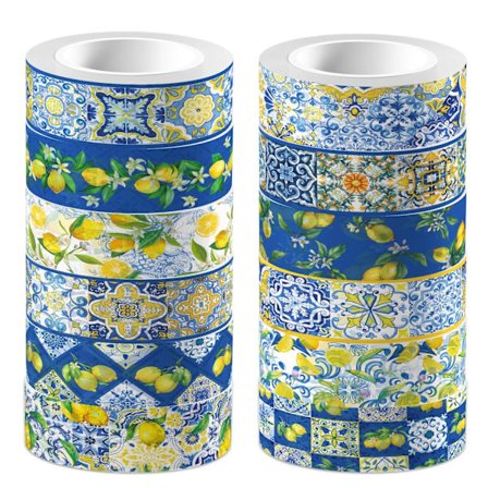 12 ruller citron washi tape blå fliser gul citron trykt dekorativ washi tape sommerfrugter klæbende klistermærker til bryllup brude brusebad til 