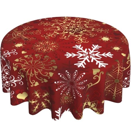 Julrund bordsduk med tomte, snögubbe och snöflinga - Dekorativ röd rund bordsduk för hem, kök, middag, picknick, fest - Stil 3