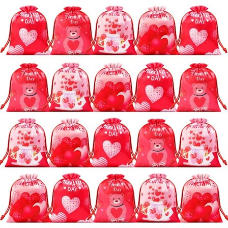 Alla hjärtans dag godis dragsko påse - 20-pack - Röda satin hjärta presentpåsar