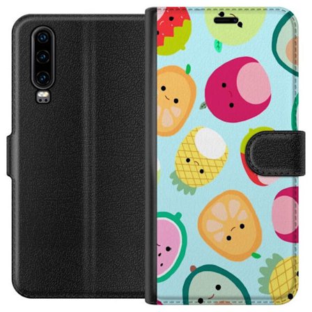 Kompatibel Tegnebogsetui til Huawei P30 Mønster af kawaii frugter som jordbær citron ananas og avocado på lyseblå baggrund