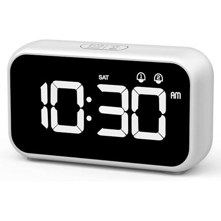 Hvid LED Digital Alarmur med Snooze-funktion, 2 Alarme, Mi