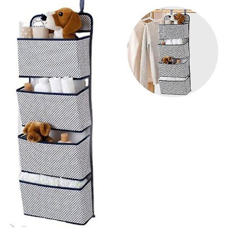Organizer med 4 lommer, sammenleggbar hengende hylle med 2 kroker for håndklær, bleier