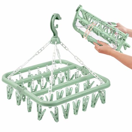 Sokketørrer med 32 klemmer, sammenklappelig sokophæng, bærbar sammenklappelig firkantet bøjle, roterbar tørrestativ, bøjletørrestativ til sokker, 