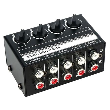 4-kanals stereo lydmikser med RCA-inngang og -utgang, mini passiv stereomikser med separate volumkontroller