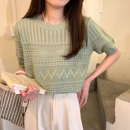 Stickad T-shirt Topp med rund hals GRÖN