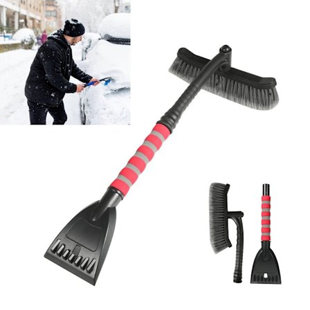 (Grå Rød) 2i1 Isskraber og Snebørste, Aftagelig Isskraber med Skridsikkert Blødt Håndtag til Bilrude og Vinduer