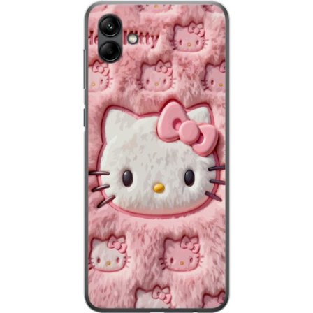 Yhteensopiva Puhelinkuori Samsung Galaxy A05 Hello Kitty vaaleanpunainen pörröinen tausta, jossa on ikoninen kasvot ja kawaii-esteettisyys