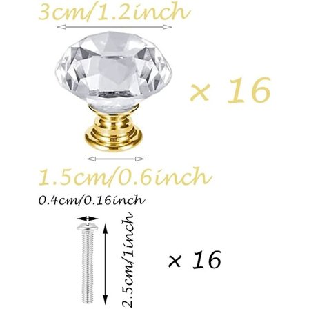 16 kappaletta kristallikaapin vetimiä, kristallikaapin nuppia, kristallikaapin vetimiä, kiinteä läpinäkyvä kristallikaapin nuppi ruuveilla (kultainen,