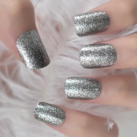 Korta lösnaglar press-on silverglitter falska naglar skimrande full täckning konstgjorda falska naglar kvinnor smink manikyr konst [HK]