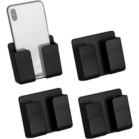 4 stk Veggmontert Telefonholder med Lim, Ladestativ med Hull for Datakabel, Multifunksjonell Oppbevaringsboks for Nattbord