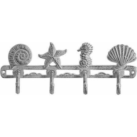 Vintage skaljacka krok rustik gjutjärn väggkrok med 4 dekorativa krokar inklusive skruvbläck - Rustik vit