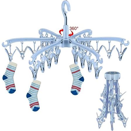 Indendørs og udendørs vasketøj, 24 klemmer foldbar hængende tøj tørrestativ, roterende sokketørrestativ, til stofbleer, bh'er, håndklæde, undertøj, 