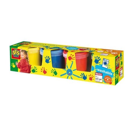 SES CREATIVE fingerfärg - Set med 4 krukor à 150 ml - 4 klassiska färger - Tvättbar och glutenfri