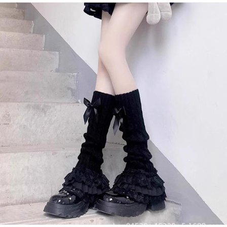 Sort; Størrelse: One Size - Japanske strikkede benvarmere til kvinder med sløjfe og flæser, Lolita-strømper med blonde, T-formede fodvarmere til piger