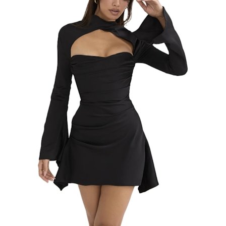 2025 Seneste Model Sexet Lavt Skåret Mesh Langærmet Mini Bodycon Kjole til Kvinder Halter Neck Tie Up Y2k Klub Fest Nat Ud Kjoler