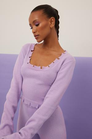NA-KD Haut à encolure ronde et ourlet brut - Tricot fin - Violet - Large/X-Large