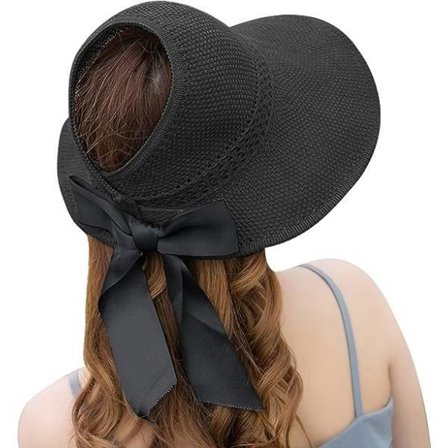 Naisten aurinkohattu leveällä reunalla, UV-suoja, ranta-hattu, rullattava, taitettava, avoin päähattu, poninhäntä baseball-lippis rusetilla (musta)