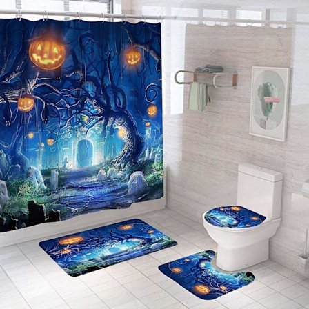 Fantasy Forest Halloween Duschdraperisets, Generisk Halloween Badrumsdekor Set 71 Tum X 71 Tum - Duschdraperi Med Matta, Toalettlockskydd, Bad