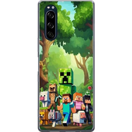 Kompatibelt Mobildeksel til Sony Xperia 5 Blokkete pikselerte spillverden med grønne figurer og dyr i frodig skogsmiljø