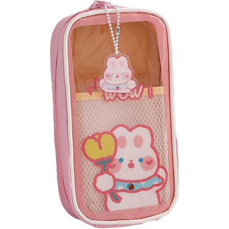 Pennal, gjennomsiktig pose med stifter, anheng, søt estetisk bjørn, kanin, valp, kontorrekvisita, organisering, holder, vesketilbehør