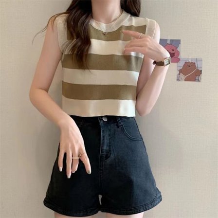 Kontrasterande randig stickad väst Crop Top KHAKI