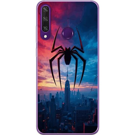 Kompatibelt Mobildeksel til Huawei Huawei Y6p Stilisert edderkopp over bysilhuett i dramatisk solnedgang, grafisk fantasyillustrasjon med sterke farge