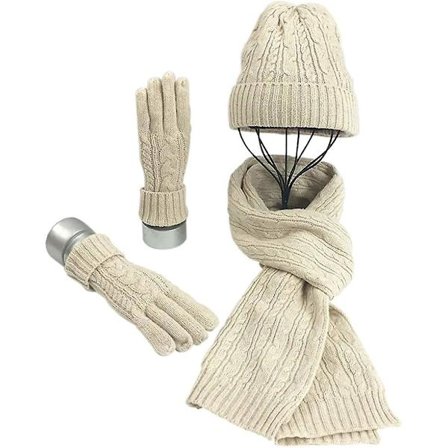 Hatt, skjerf og hanske sett for kvinner damer myk varm strikket lang S