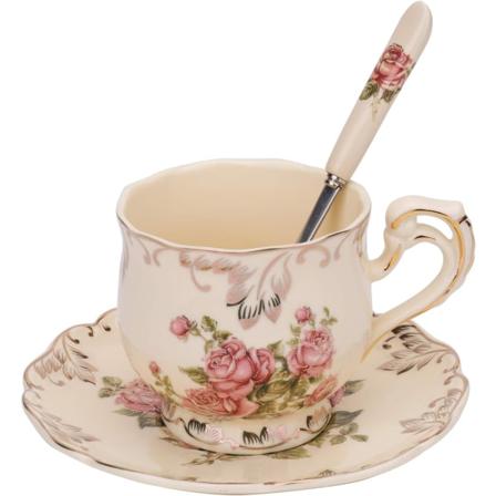 Tekop og underkop sæt, 8 oz. Elfenbenshvidt porcelæn kaffekop vintage blomsterkeramik tekoppsæt med underkop og ske