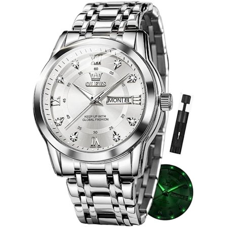 Tvåfärgad herrklocka i rostfritt stål, lättläst stor urtavla, datum, vattentät, silver (vit)