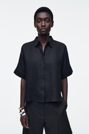 COS Frauen Kastenförmiges Kurzarmhemd Aus Leinen in Blau