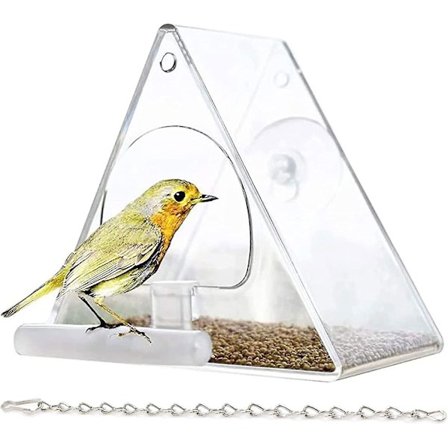 Fuglemater med vindu - Klar - Med metallkjede - Matdispenser for små til mellomstore