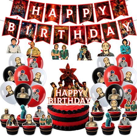 Nytt Stranger Things-tema bursdagsfest servise og dekorative gjenstander