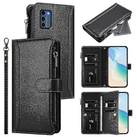 Magnetiskt Läderplånboksfodral med 9 Kortplatser & Blixtlåsficka - Säker Förvaring med Handrem [BR]_jar