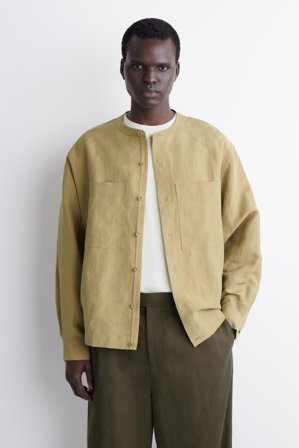 COS Men's Oversized Grandad Collar Linen Shirt in Beige