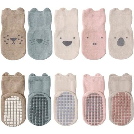 5 par baby børnesokker med dyremotiv og skridsikker sål