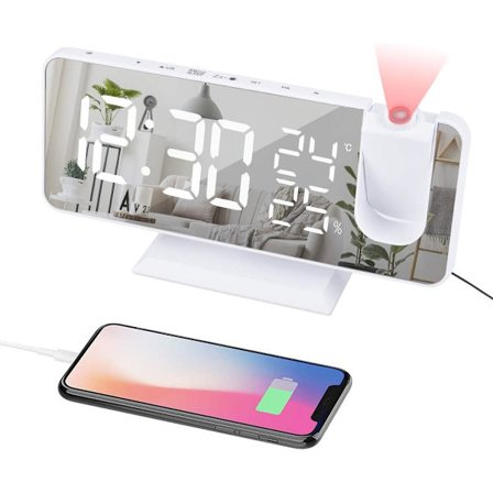 Herätyskello Projektori - Vintage valkoinen Kello Radio Lämpötila Kosteus Näyttö Digitaalinen Herätyskello USB Latausportti 180° Kääntyvä Projektio 