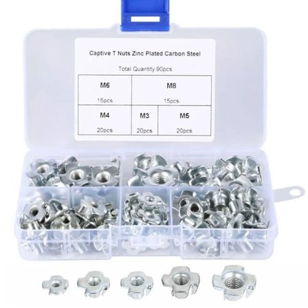 90 stk T-nøtter Tee Nuts 4-pinnede nøtter sortimentsett