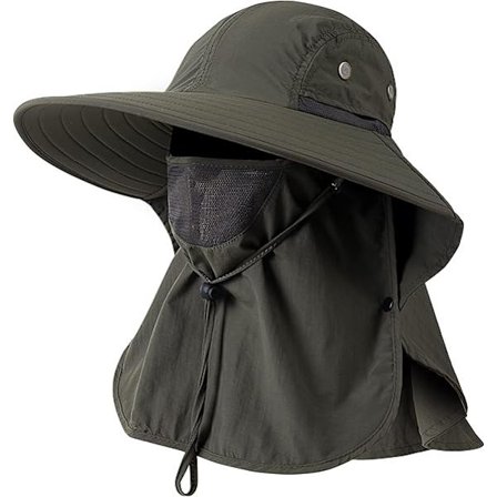 Herre- og damefiskehat UPF 50+ bredskygget solhat med ansigtsbetræk og nakkeflap armygrøn