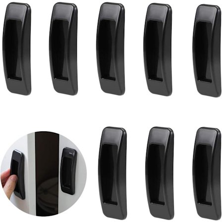8-pack svarta ABS-plast tryck-draghandtag med självhäftande klister för dörr, fönster, skåp, omedelbara skåp- och lådhandtag i svart