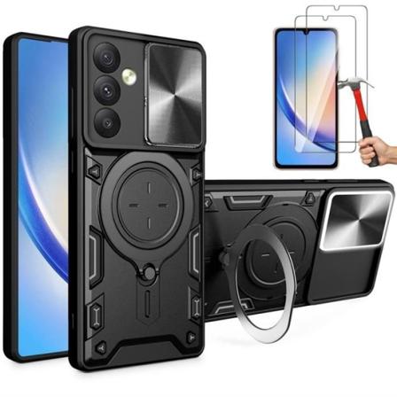 2 hærdet glas + etui til Samsung Galaxy A34 5G sort anti-ridse forstærket kameracover Support Svart