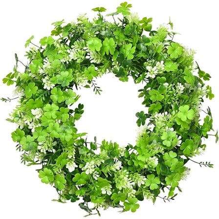 17.7'' Kunstig Grønn Krans Grønne Blader Hvit Blomsterkrans Trekløverkrans Kunstig Grønn Bladkrans med