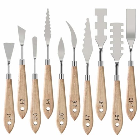 10 stk. palettkniver i rustfritt stål, med trehåndtak for oljemaling, akrylmaling på lerret, fargeblanding og tekstur, trefarge